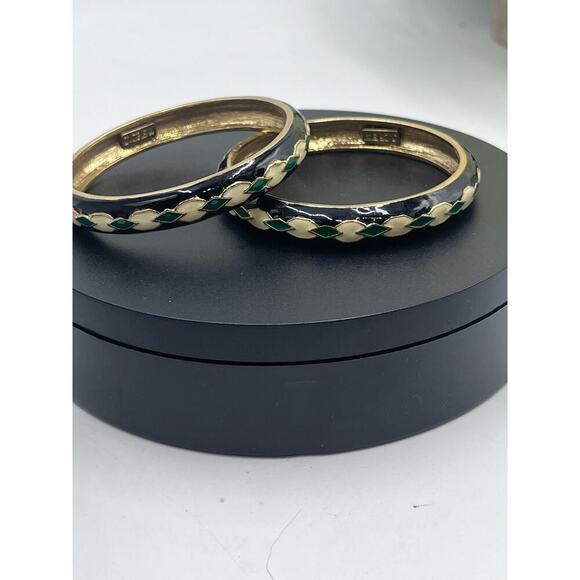 J. Crew VINTAGE 90s Enamel‎ Black White Green Statement Bangle Bracelet Set - Picture 2 of 7